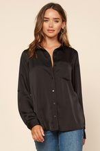 Load image into Gallery viewer, Girls Just Want to Have Fun Satin Button Down Black
