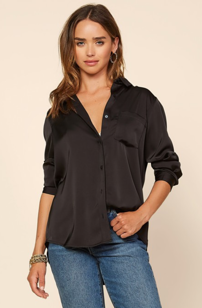 Girls Just Want to Have Fun Satin Button Down Black